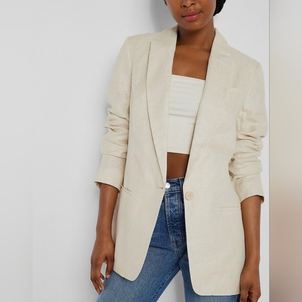 **SOLD**NWT Express Sandshell Sparkle Shimmer Linen Blend Boyfriend Blazer S